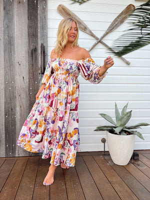 Jaase Tulli Midi Dress with Shirred Bodice Pockets Puff Sleeve - Sweet Lilly - Style House Fashion Jaase Jaase Jaase