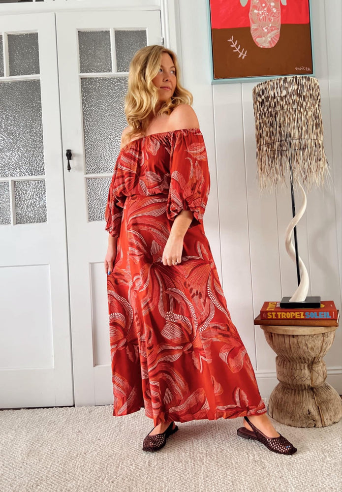 Jaase Hallie Maxi Dress with Off Shoulder A-Line Skirt Puff Sleeve - Hibiscus
