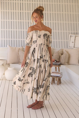 Jaase Claudette Maxi Dress With Shirred Bodice Puff Sleeve Off Shoulder Tiered Skirt - Serene - Style House Fashion Jaase Jaase