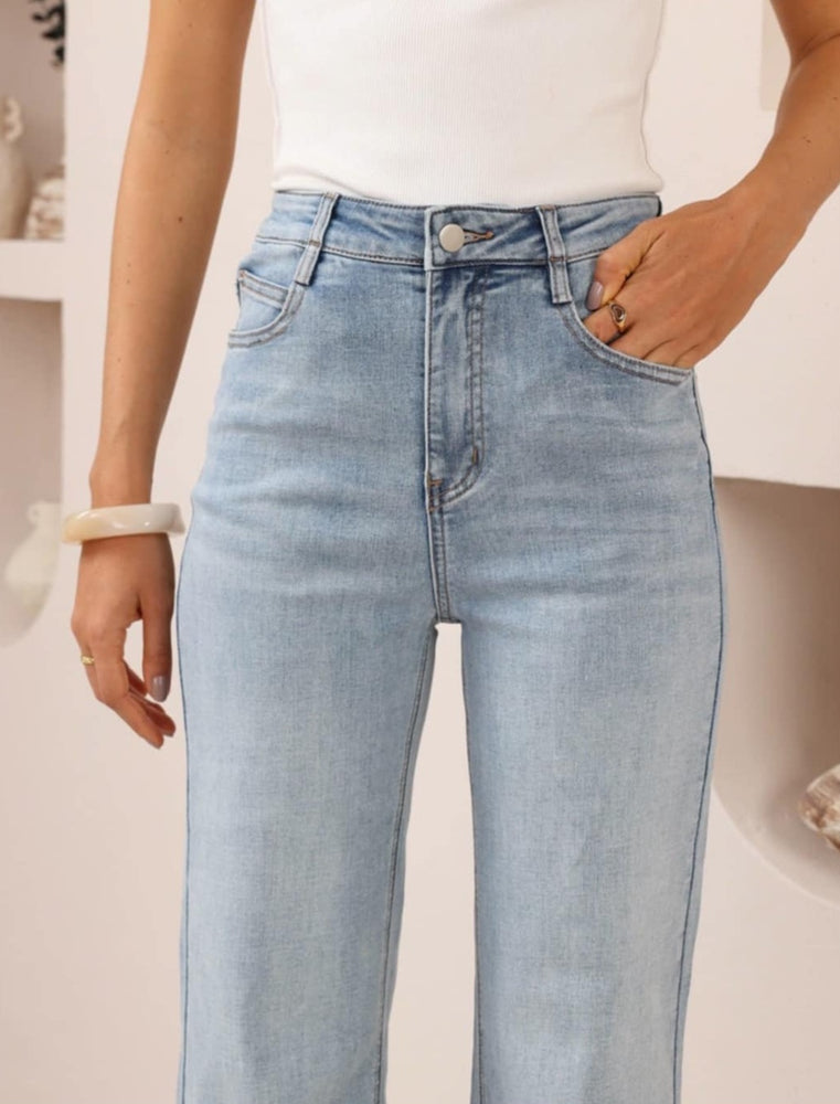 Iris Maxi Mollie Stretch Mid- High Rise Straight Leg Denim Jeans - Light Blue