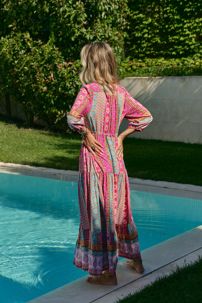 Jaase Tessa Maxi Dress with Drawstring Waist V- Neck Buttoned Bodice - Cedella - Style House Fashion Jaase Jaase