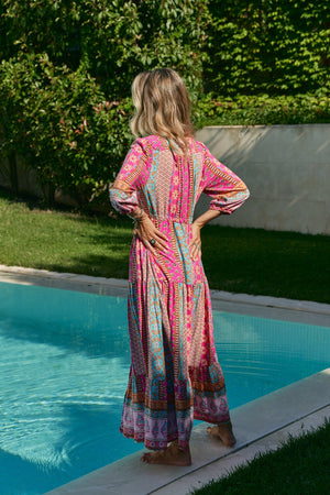 Jaase Tessa Maxi Dress with Drawstring Waist V- Neck Buttoned Bodice - Cedella - Style House Fashion Jaase Jaase