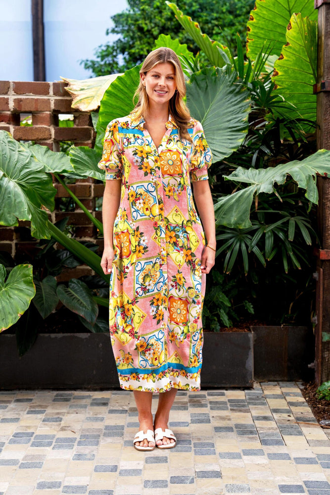 Boho Australia Aamina Midi Dress with V-Neck Buttons Pockets - Lemon Floral