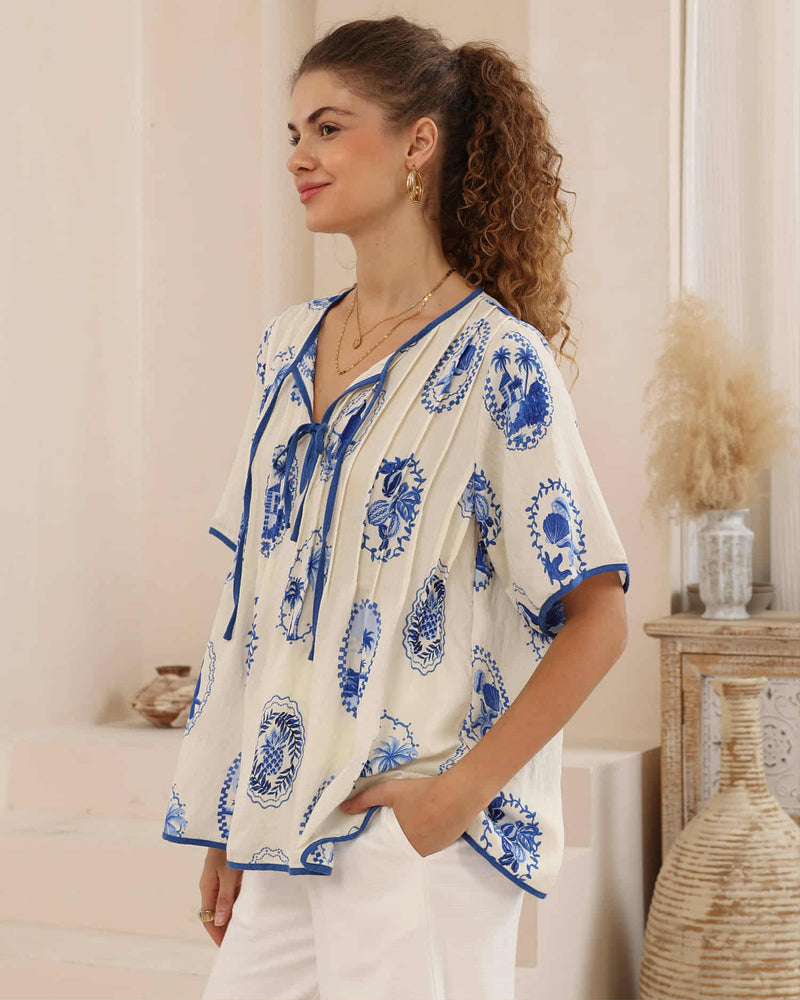 Iris Maxi Helen Blouse Top with Tie V-Neck Sleeve Buttons - Luciana