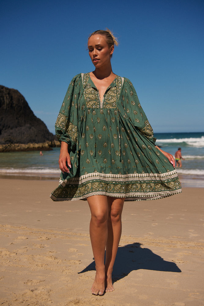 Jaase Adela Dress with Buttoned Bodice V-Neck Pockets - Viridian