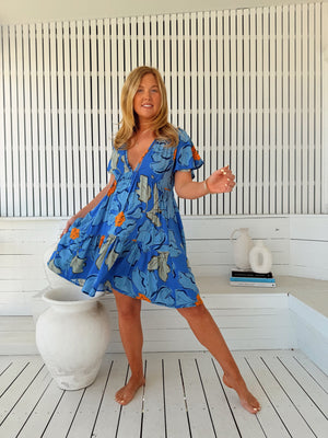Jaase Rhys Mini Dress with Pockets V-Neck Flutter Sleeve - Blue Bell - Style House Fashion Jaase Jaase Jaase Jaase