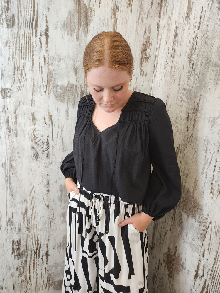 Iris Maxi Anna Cotton Blouse with V Neck Longline Back Billowy Sleeve - Black
