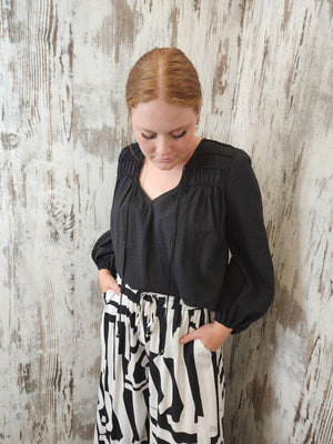 Iris Maxi Anna Cotton Blouse with V Neck Longline Back Billowy Sleeve - Black
