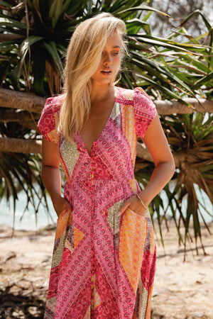 Jaase Carmen Maxi Dress with Cap Shell Sleeve V Neck Pockets Buttoned - Viva Bonita