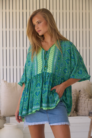 Jaase Chloe Tunic Top with Billowy Sleeve V Neckline - Tranquility - Style House Fashion Jaase