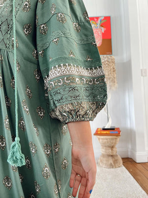 Jaase Meadow Maxi Dress with V Neck Button Bodice - Viridian - Style House Fashion Jaase
