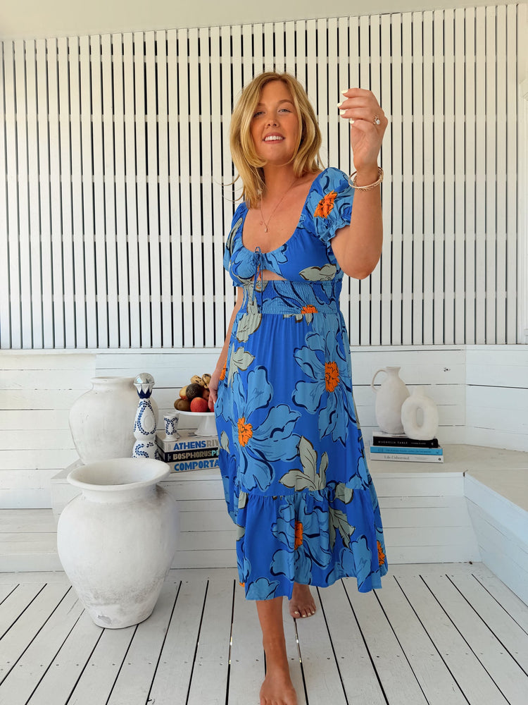 Jaase Rini Midi Dress V Neck Off Shoulder Elastic Waist - Blue Bell - Style House Fashion Jaase