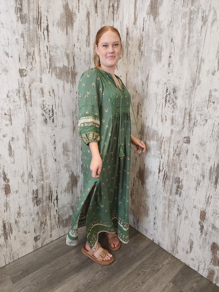 Jaase Meadow Maxi Dress with V Neck Button Bodice - Viridian