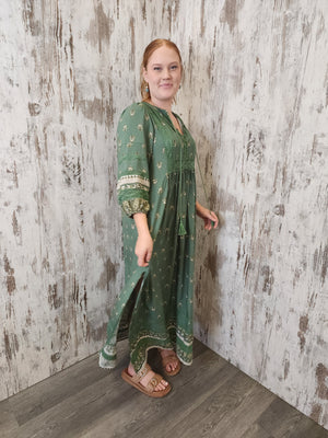 Jaase Meadow Maxi Dress with V Neck Button Bodice - Viridian