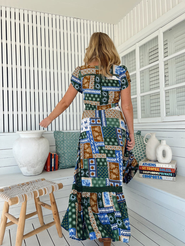 Jaase Carmen Maxi Dress with Cap Shell Sleeve V Neck Pockets Buttoned - Emerald Cove - Style House Fashion Jaase Jaase Jaase