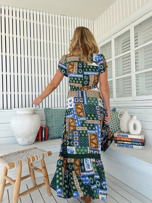 Jaase Carmen Maxi Dress with Cap Shell Sleeve V Neck Pockets Buttoned - Emerald Cove - Style House Fashion Jaase Jaase Jaase