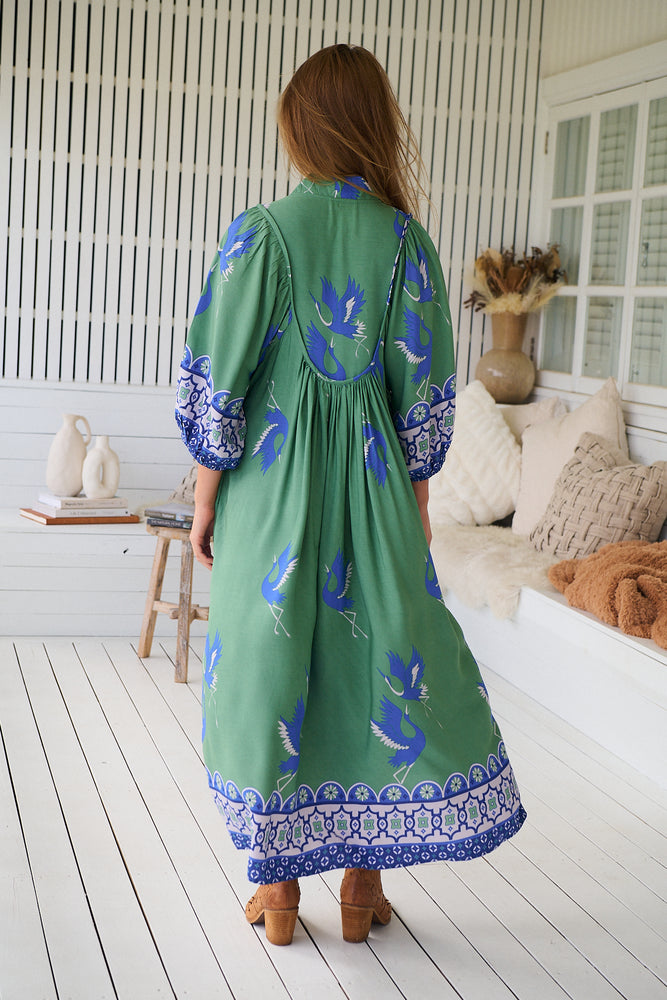 Jaase Boheme Midi Dress with Mandarin Collar V Neck Pockets - Bluebird - Style House Fashion Jaase