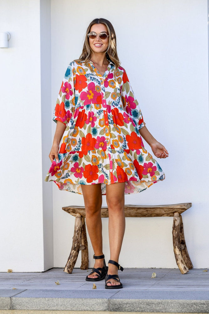 Joop & Gypsy Kaya Mini Dress with V Neck Buttons Pockets - Red Tropics - Style House Fashion Joop and Gypsy Joop and Gypsy Joop and Gypsy Joop and Gypsy