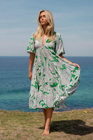 Jaase Eve Midi Dress with V-Neck Buttons Half Puff Sleeve - Kashira - Style House Fashion Jaase