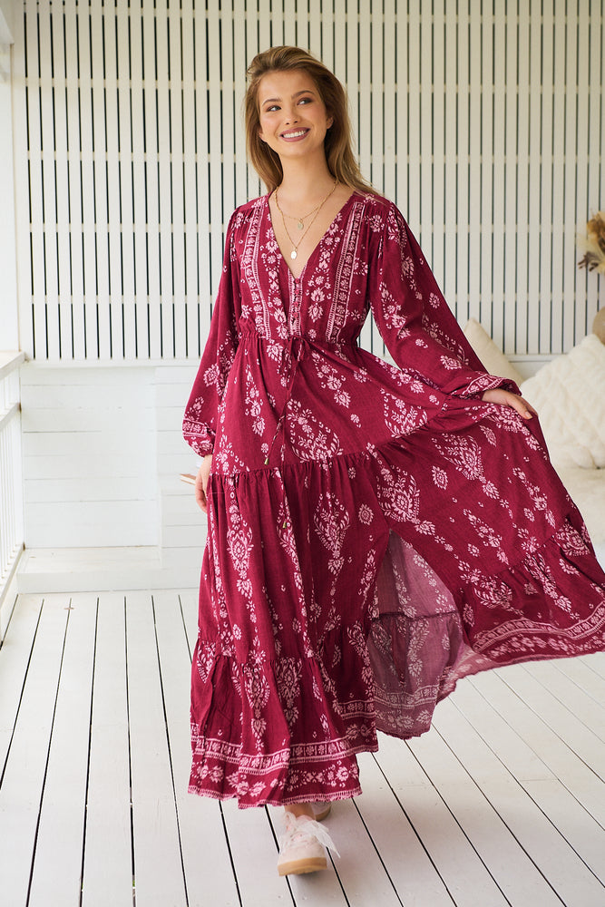 Jaase Teresa Maxi Dress Long Billowy Sleeve - Kiva Rhubarb - Style House Fashion Jaase