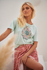 Jaase Flora Vintage Graphic T-Shirt with Raw Edge Round Neck - Aqua - Style House Fashion