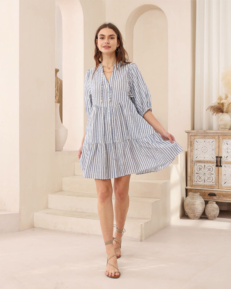 Iris Maxi Emma Mini Dress with V Neck Cotton Buttons Pockets - Chambray Stripe