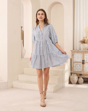 Iris Maxi Emma Mini Dress with V Neck Cotton Buttons Pockets - Chambray Stripe