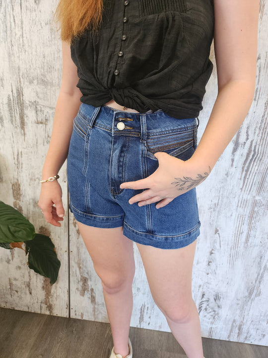 Country Denim Sam High Rise Stretch Shorts - Dark Blue
