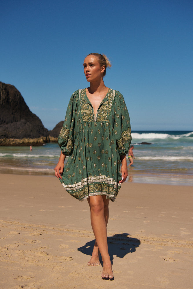 Jaase Adela Dress with Buttoned Bodice V-Neck Pockets - Viridian