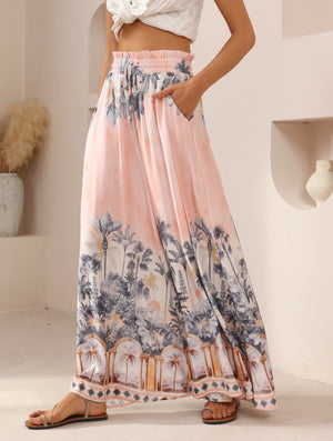 Iris Maxi Palazzo Pants with Drawstring Waist Wide Leg - Pink Paradise