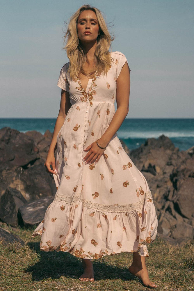 Jaase Carmen Maxi Dress with Cap Shell Sleeve V Neck Pockets Buttoned - Vintage Sol - Style House Fashion Jaase Jaase Jaase Jaase