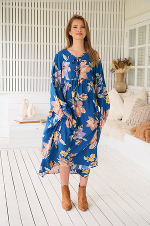 Jaase Penny Midi Dress with V-Neck Ties Elastic Cuff Sleeve - Georgia Blue - Style House Fashion Jaase