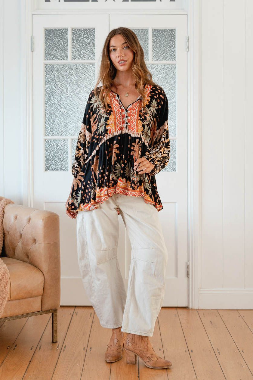 Jaase Chloe Tunic Top with Billowy Sleeve V-Neckline - Jardin - Style House Fashion