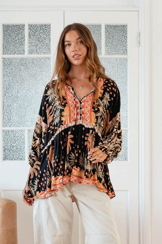 Jaase Chloe Tunic Top with Billowy Sleeve V-Neckline - Jardin - Style House Fashion