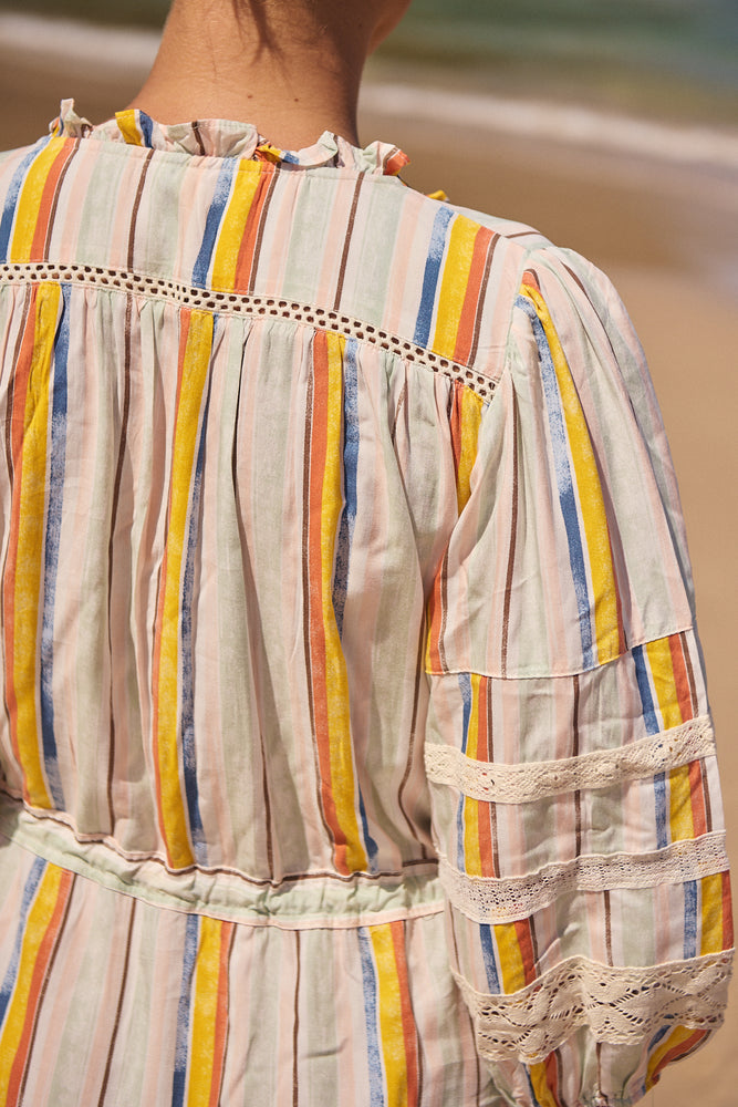 Jaase Remy Mini Dress with Pockets Drawstring Waist Half Sleeve Button Bodice - Coloured Sands - Style House Fashion Jaase Jaase