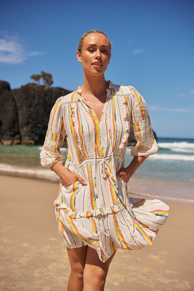 Jaase Remy Mini Dress with Pockets Drawstring Waist Half Sleeve Button Bodice - Coloured Sands - Style House Fashion Jaase Jaase