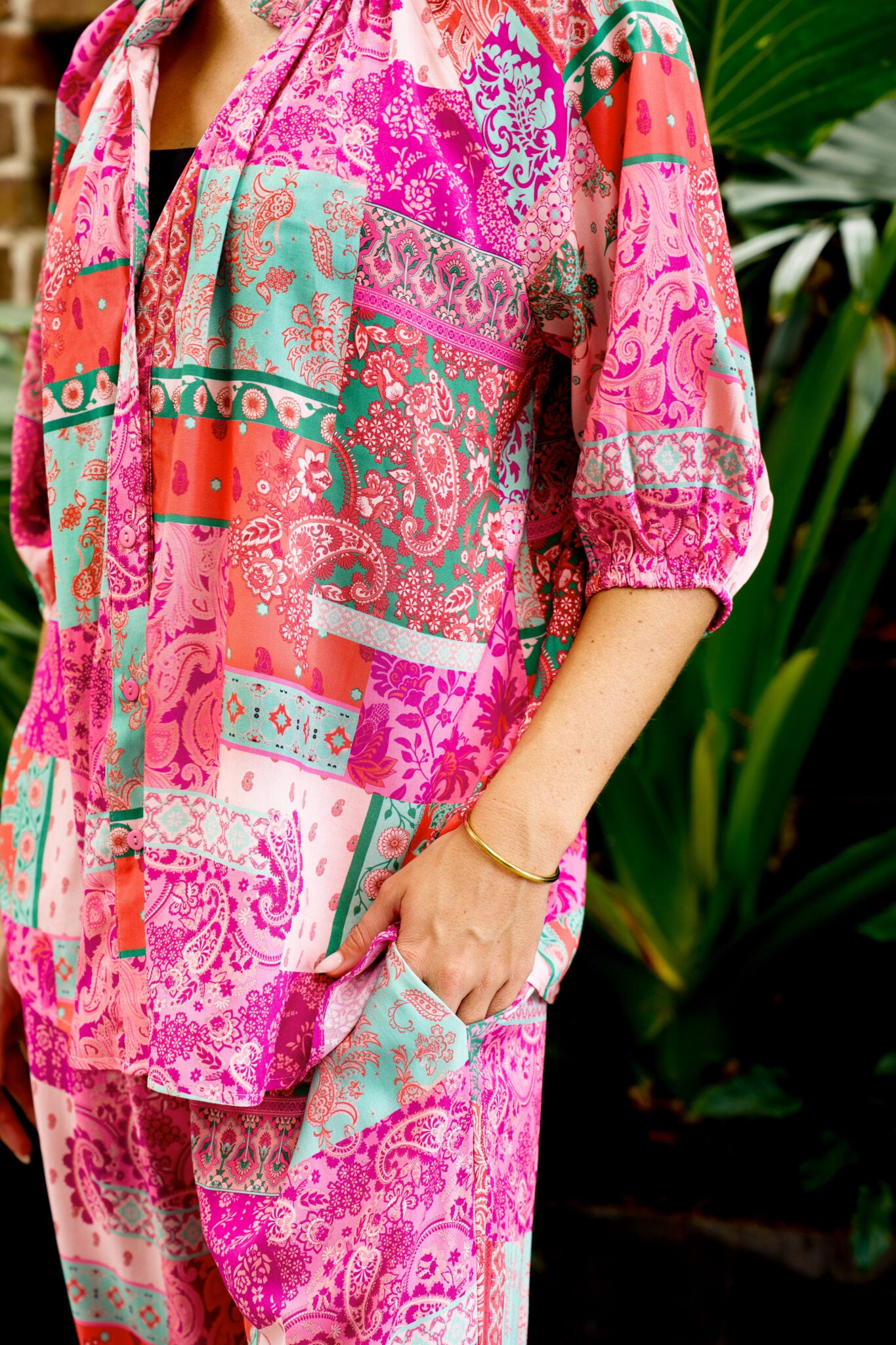 Boho Perry Blouse Top with V-Neck Sleeve Buttons - Fuscia Patch - Style House Fashion