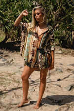 Jaase River Shirt Blouse with V Neck Collar Buttoned Front - Cacao Mist - Style House Fashion Jaase Jaase