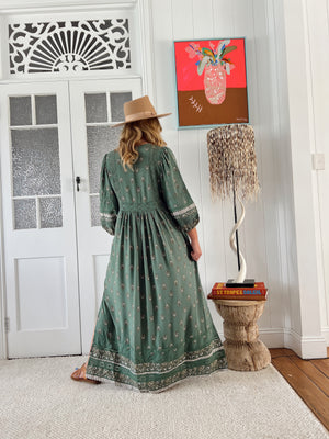 Jaase Meadow Maxi Dress with V Neck Button Bodice - Viridian - Style House Fashion Jaase