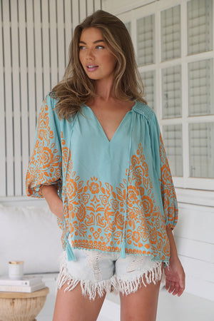 Jaase Rue Top Blouse with V Neck Billowy Sleeve - Arabian Nights - Style House Fashion