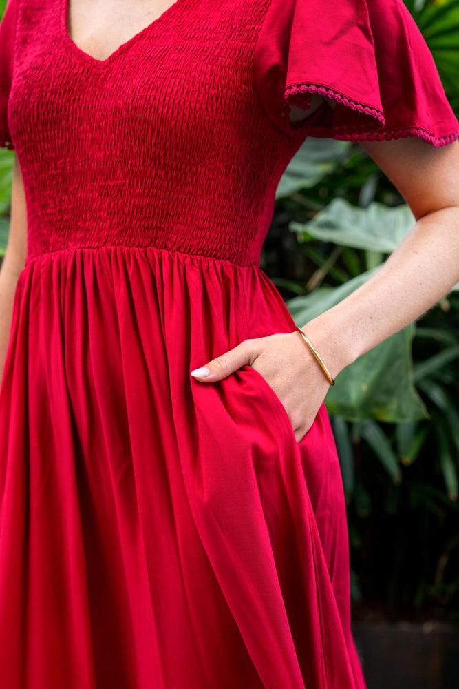 Boho Australia Blevins Midi Dress with V-Neck Buttons Pockets - Red