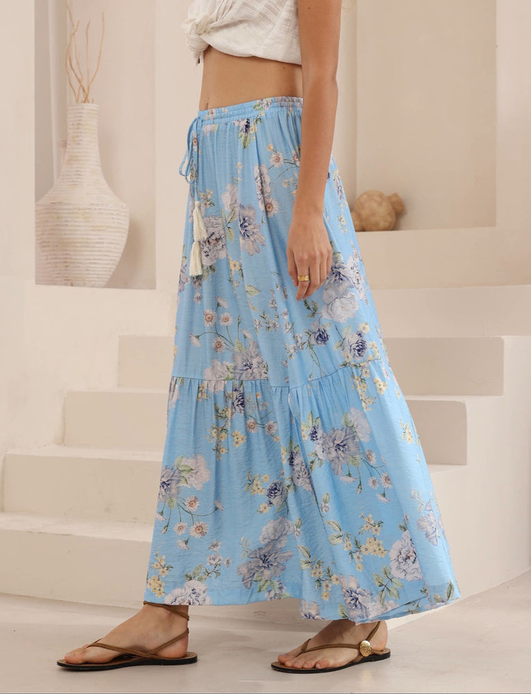 Iris Maxi Drawstring Maxi Skirt - Sapphire Bloom