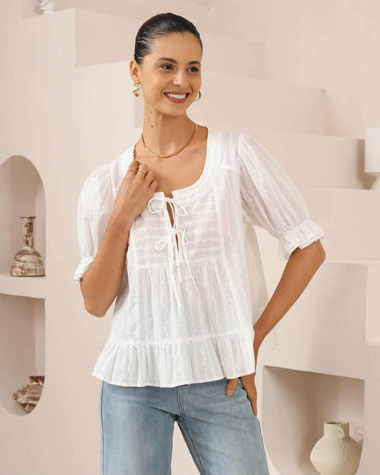 Iris Maxi Toni Cotton Blouse Top with Lace Detail V-Neck Sleeve Buttons Ties - White