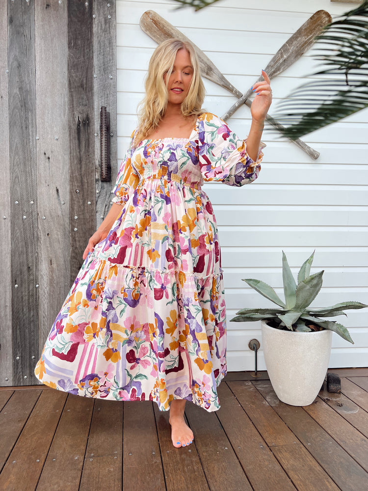 Jaase Tulli Midi Dress with Shirred Bodice Pockets Puff Sleeve - Sweet Lilly - Style House Fashion Jaase Jaase Jaase