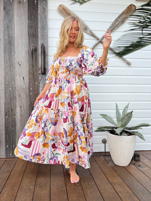 Jaase Tulli Midi Dress with Shirred Bodice Pockets Puff Sleeve - Sweet Lilly - Style House Fashion Jaase Jaase Jaase