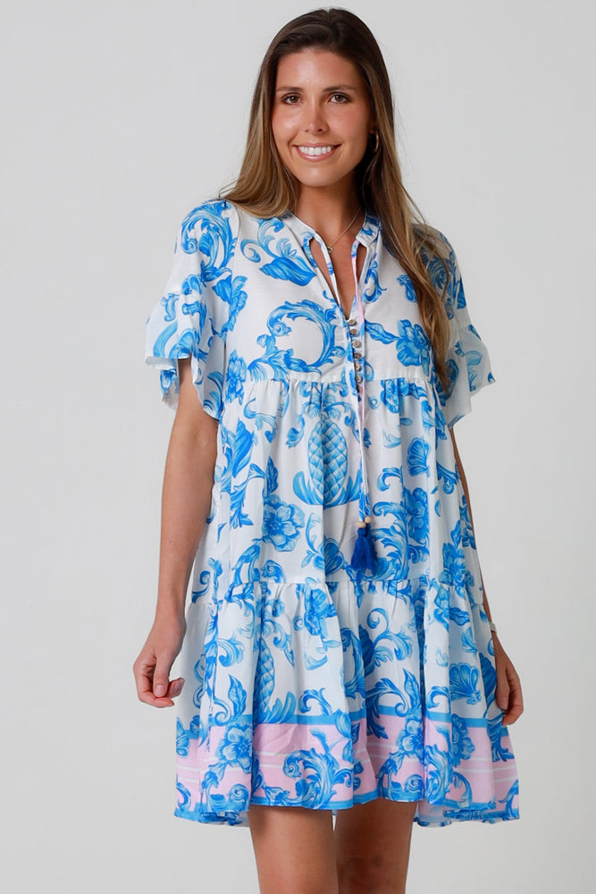 Isabella Amiri Mini Dress with V-Neck Buttons Pockets - Blue Flourish