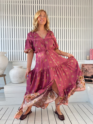 Jaase Elsa Maxi Dress with Button Bodice Puff Sleeve Lace Detail - Bee Orchid - Style House Fashion Jaase