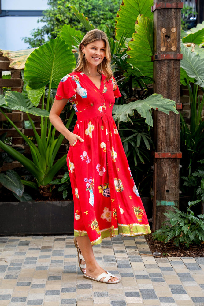 Boho Australia Shepard Midi Dress with V-Neck Buttons Pockets - Red