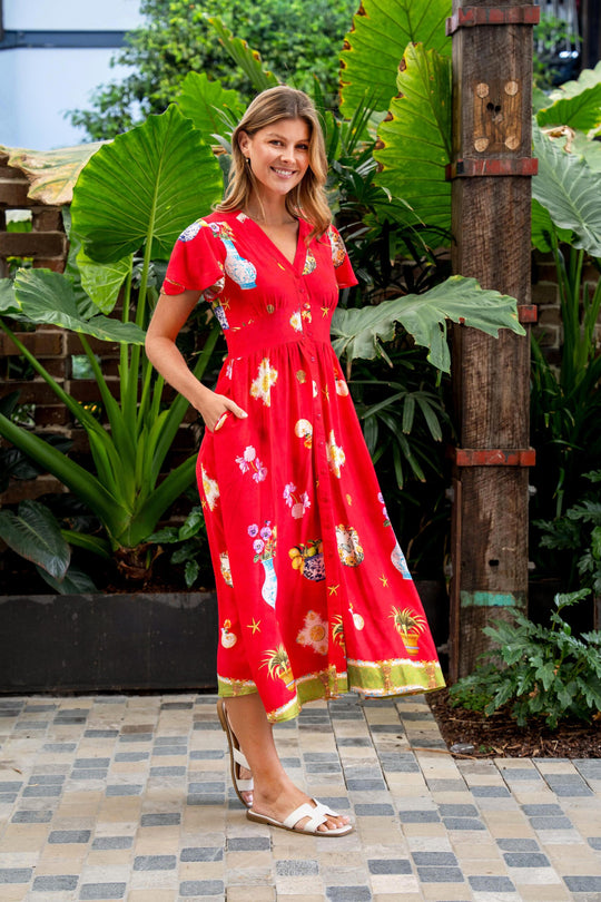 Boho Australia Shepard Midi Dress with V-Neck Buttons Pockets - Red