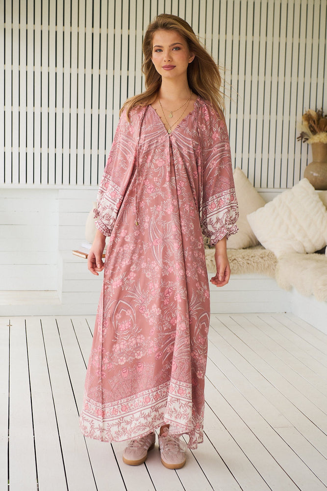 Jaase Bree Maxi Dress with V Neck Button Bodice Elastic Frill Sleeve - Angelina